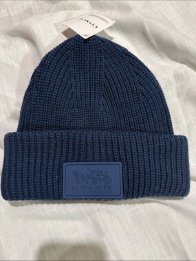 Coach Blue Ribbed Knit Beanie Hat Leather Logo Patch One Size NWT